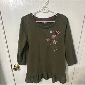 Westport Olive Long Sleeve Top with Floral Design